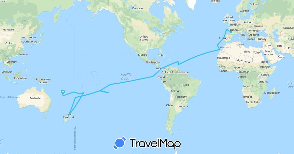 TravelMap itinerary: driving, boat in Dominica, Ecuador, Spain, Fiji, France, Saint Lucia, Niue, New Zealand, Panama, Portugal, Tonga, Saint Vincent and the Grenadines (Europe, North America, Oceania, South America)